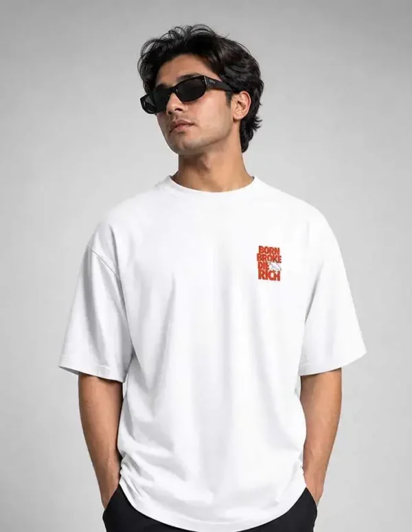 Premium Born Broke Die Rich Drop Shoulder - White
