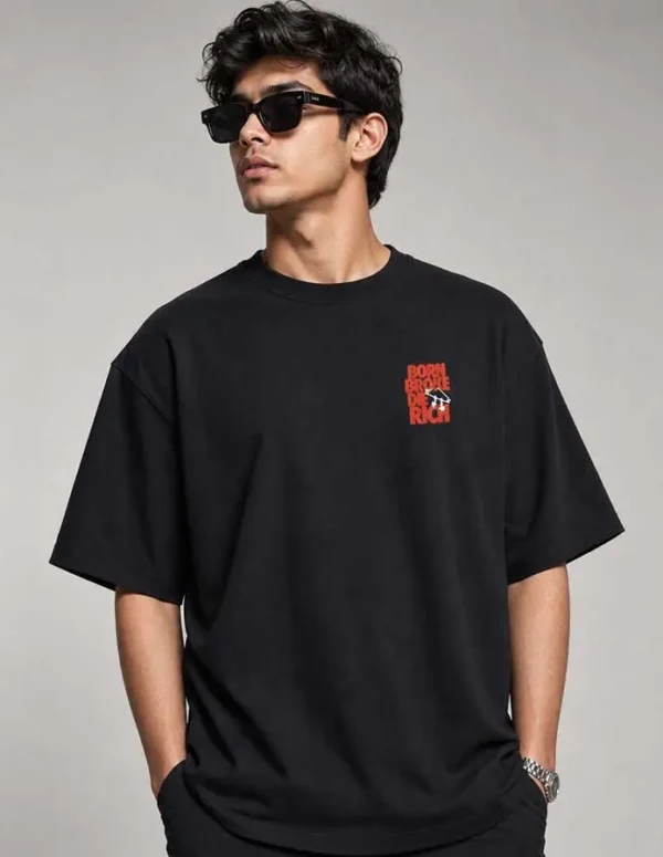 Premium Born Broke Die Rich Drop Shoulder – Black