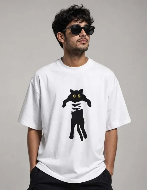 Premium Funny Cat Drop Shoulder – White