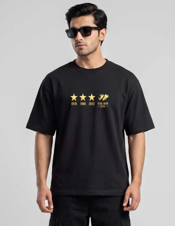 Premium Argentina Three Stars Legacy Drop Shoulder T-Shirt – Black